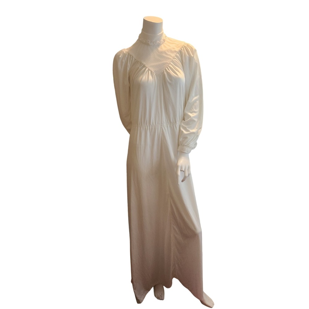 Vintage 70s White Faux Pearl Romantic Mock Neck Maxi Dress Nightgown Wedding